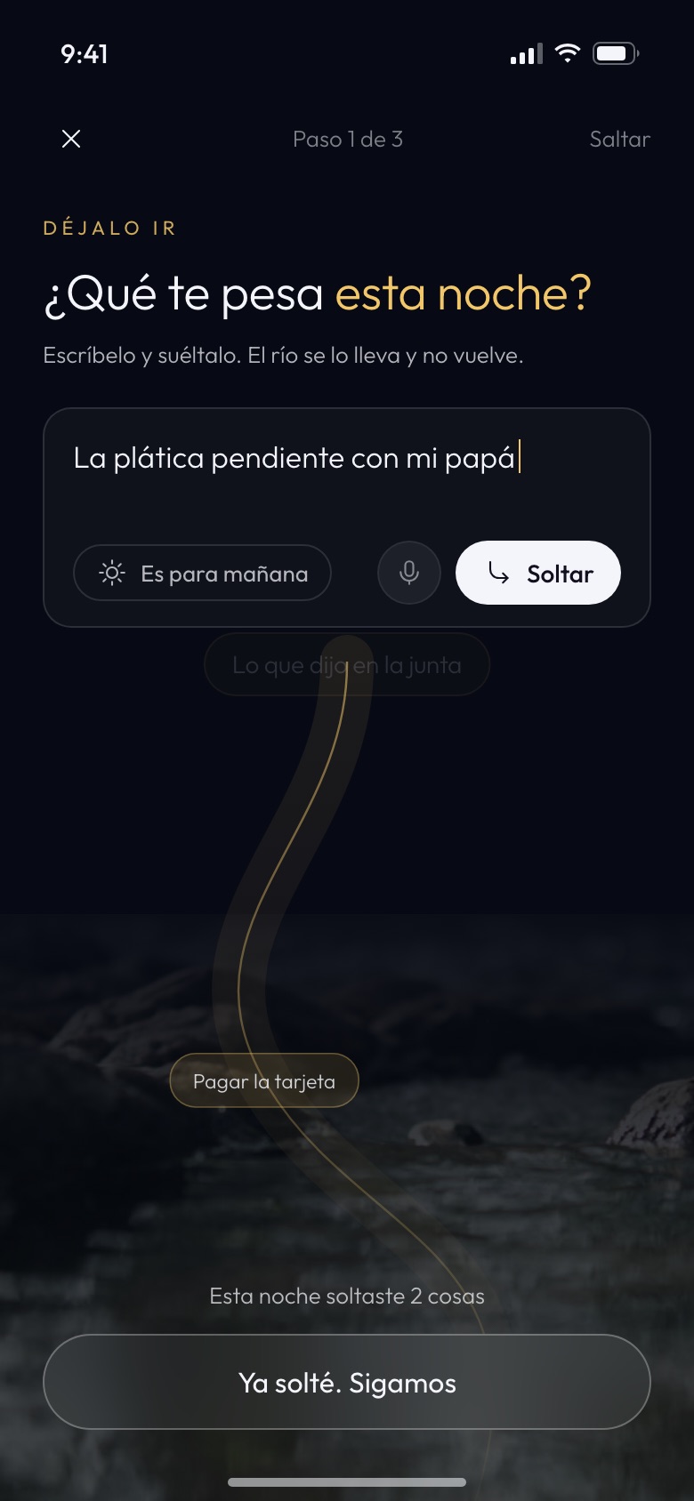 Pantalla Déjalo ir: una frase baja por un tobogán de luz hasta el río