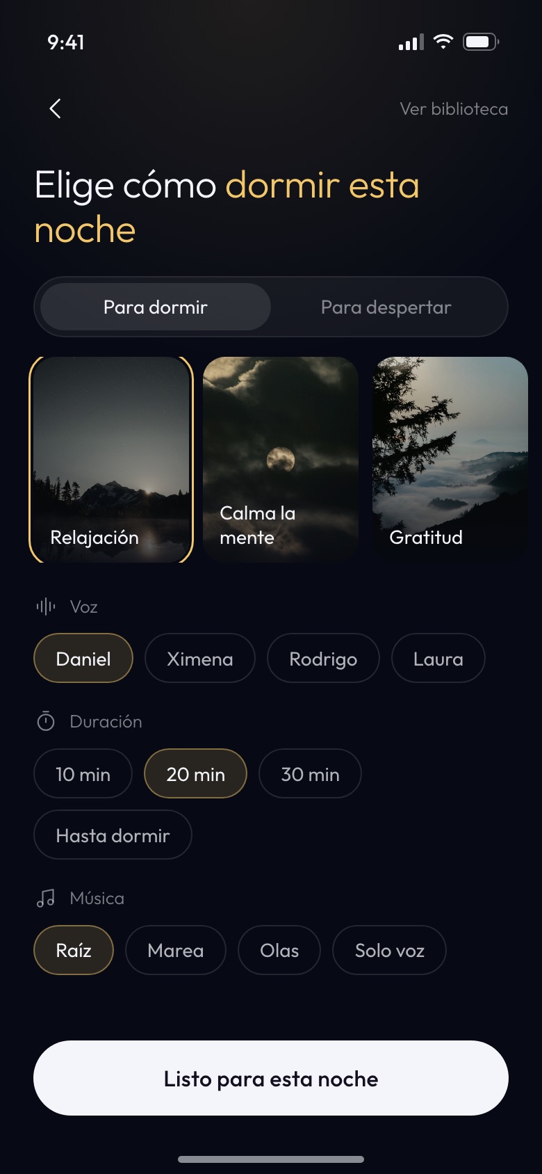 Elige cómo dormir esta noche: tema, voz, duración y música