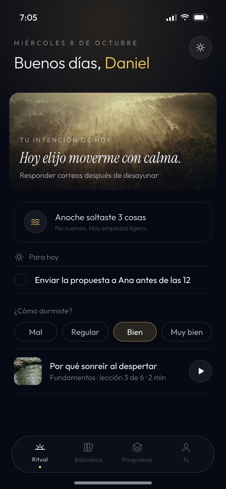 Pantalla Hoy con tu intención y lo que soltaste