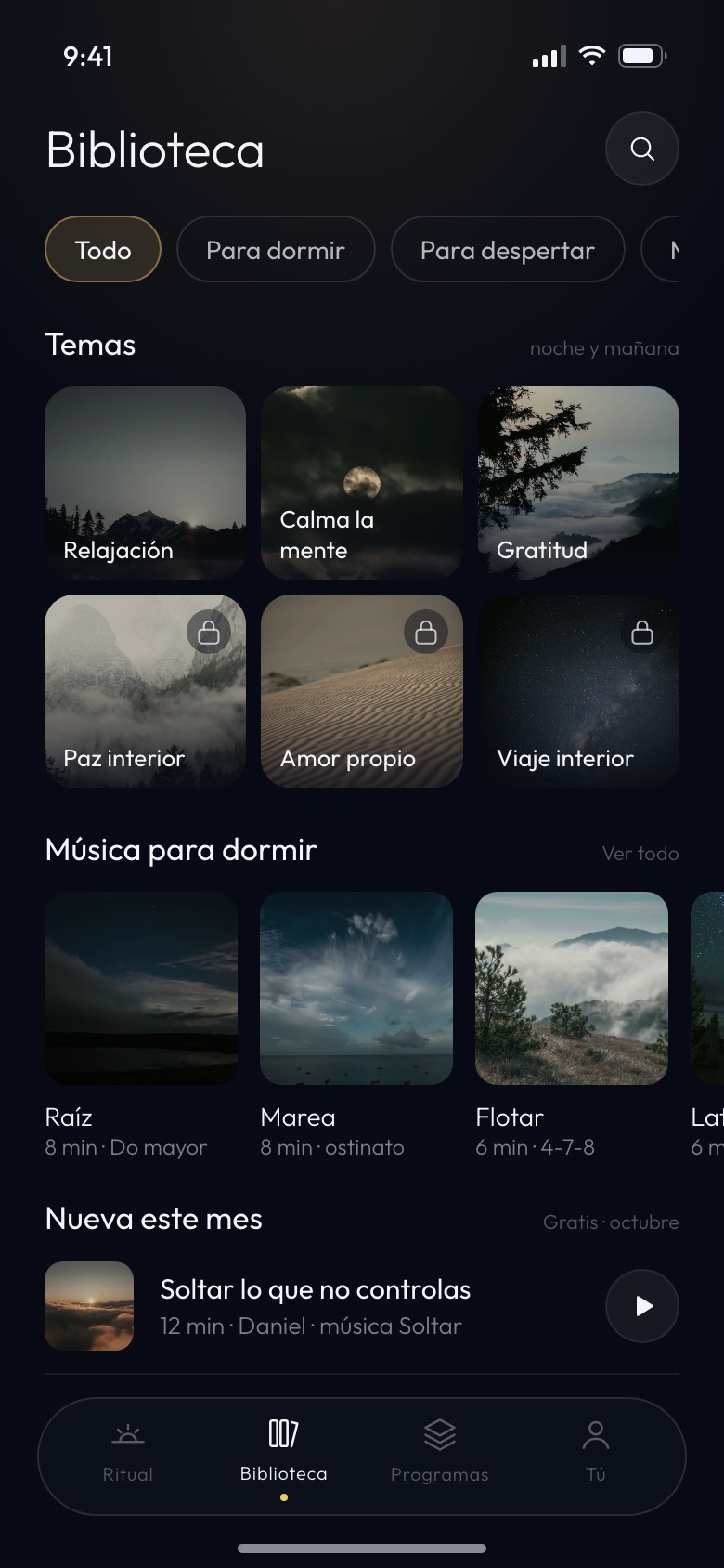 Biblioteca de la app: temas, música para dormir y la meditación nueva del mes