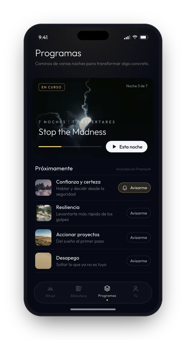 Pantalla de Programas en la app: Stop the Madness en curso, noche 3 de 7